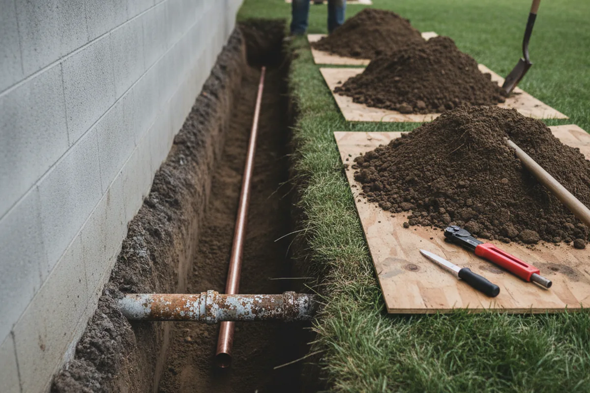 Excavated water line trench during Water Softener Installation in Bells